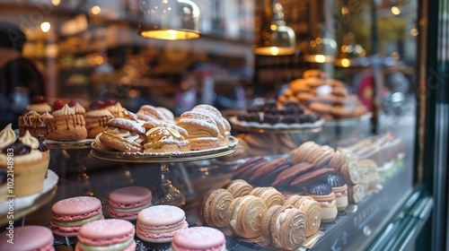 French patisserie window display filled with clairs macarons and croissants tempting passersby photo