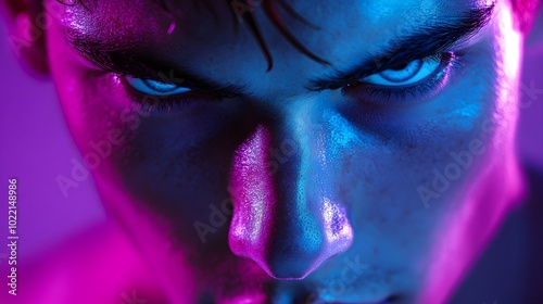 A young man's intense gaze, illuminated by neon reflections, casting a futuristic glow of purple and cyan across his face, creating a moody atmosphere photo