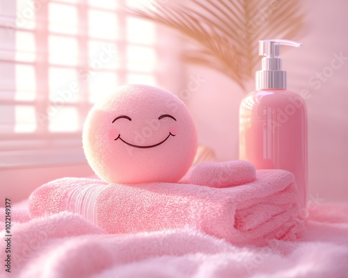 A delightful pinkthemed relaxation area with a smiley face ball, lotion pump, and fluffy towels, highlighting the spirit of selfcare photo