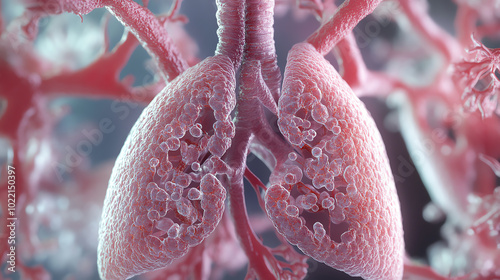 Close-up view of human lungs, showcasing intricate details and textures. This biological illustration highlights the complexity of the respiratory system.