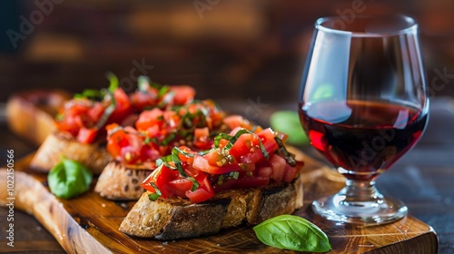 Gourmet Italian appetizer of bruschetta with tomato and basil served on a rustic wooden board with a glass of red wine