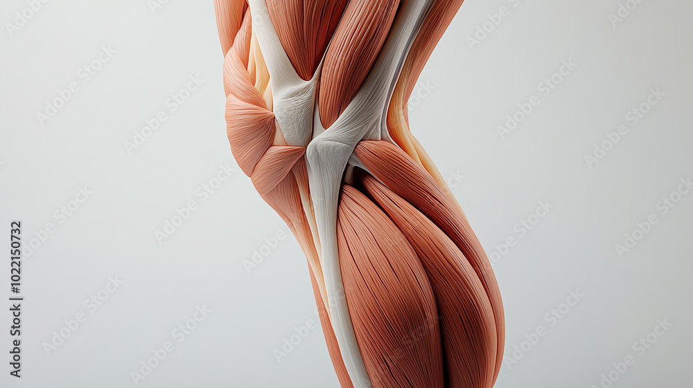 Detailed anatomical depiction of human leg muscles showcasing muscle structure and interconnectivity on a neutral background.