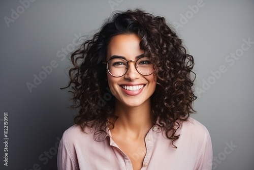 Portrait of a smiling young woman in eyeglasses over grey background