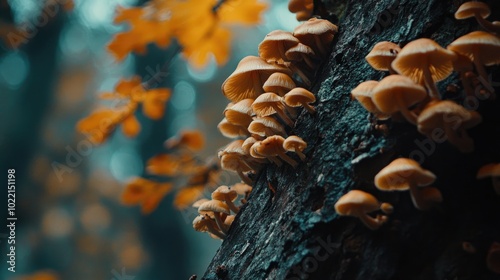 Vibrant Mushrooms on Tree Bark in Autumn Forest