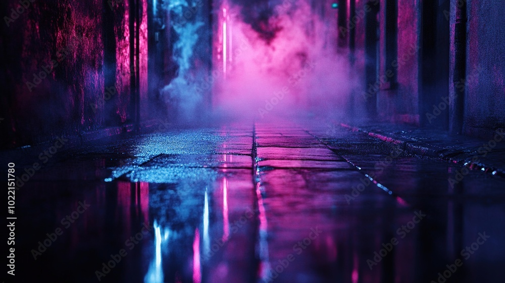 Fototapeta premium Vibrant Alleyway with Fog and Reflections at Night