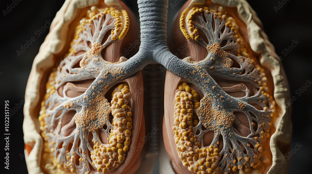 Fototapeta premium Detailed anatomical model of human lungs showcasing respiratory structures and alveoli with intricate textures, isolated on a dark background.