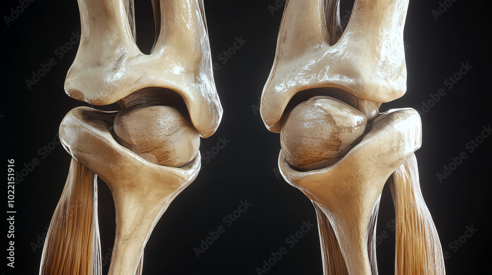 Detailed anatomical model of human knees showcasing bones and muscles on a black background.