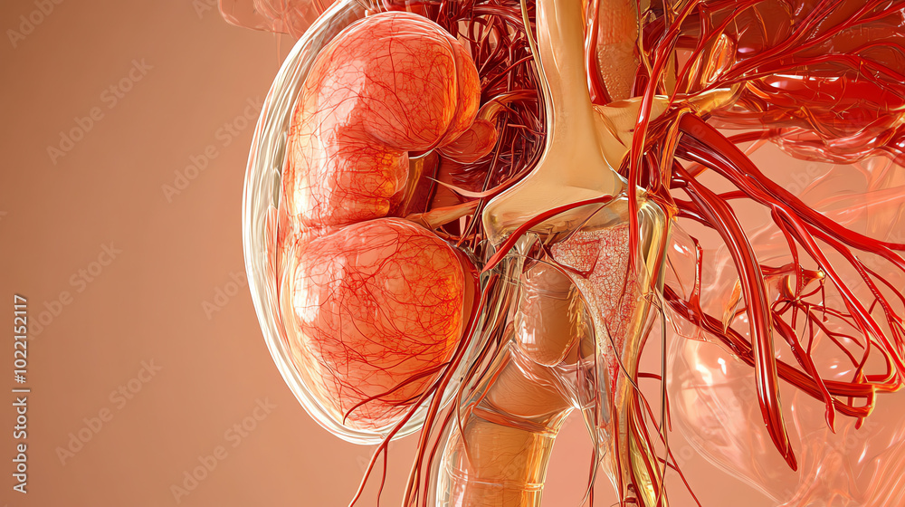 Detailed anatomical model of the human kidney showcasing blood vessels and renal functions for educational purposes.