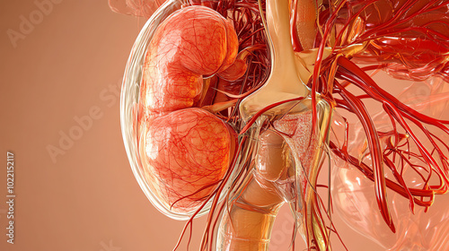 Obraz na płótnie Detailed anatomical model of the human kidney showcasing blood vessels and renal functions for educational purposes. w salonie