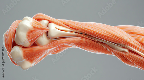 Detailed anatomy of a muscle and bone structure, showcasing a vibrant peach color on a subtle gray background. photo