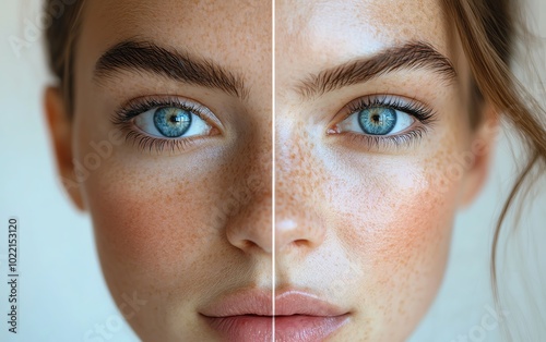 A divided image of a womans face, highlighting the difference between radiant skin on the right and skin suffering from health issues on the left photo