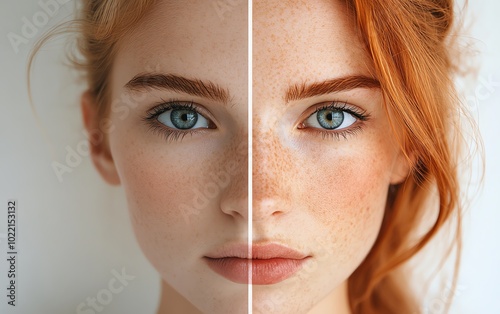 A divided image of a womans face, highlighting the difference between radiant skin on the right and skin suffering from health issues on the left photo