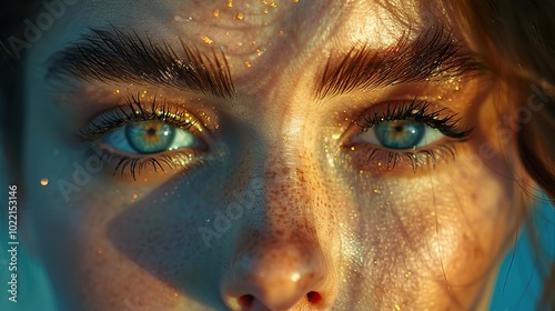 Close Up Portrait of Woman with Blue Eyes and Glitter Makeup