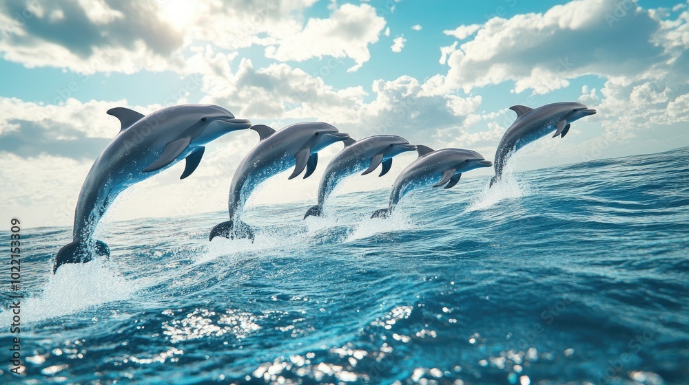 Fototapeta premium Dolphins Jumping Over Ocean Waves in Bright Sky