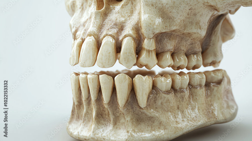 Detailed view of a human skull displaying teeth and jaw structure against a white isolated background. Ideal for educational content. Detailed view of a human skull displaying teeth and jaw structure against a white isolated background. Ideal for educational content.