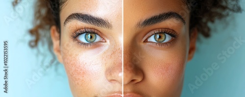 A split image showcasing a womans face, with clear, glowing skin on the right and skin with health conditions on the left, highlighting the contrast in skin health photo