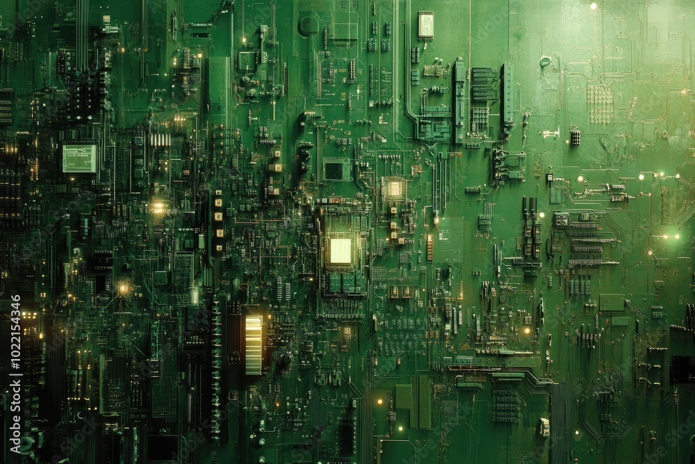 Green circuit board with complex design. Perfect for tech, science, and innovation projects. Green circuit board with complex design. Perfect for tech, science, and innovation projects.
