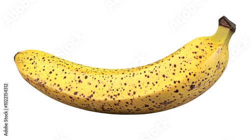 A single ripe banana with brown spots on a white background. generative ai