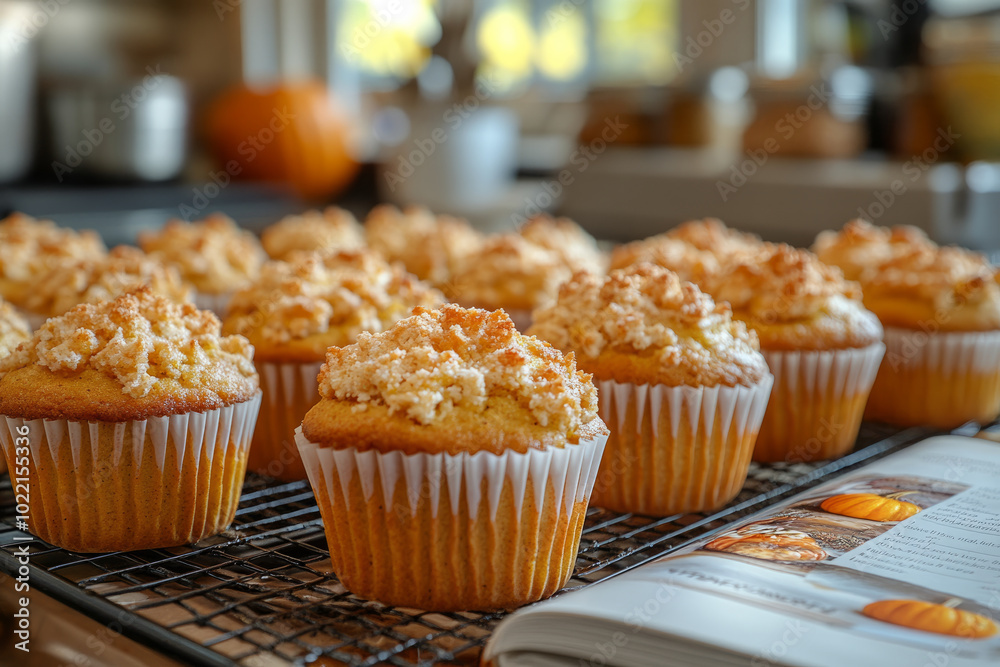 A tray of muffins sits on a counter next to a cookbook A tray of muffins sits on a counter next to a cookbook