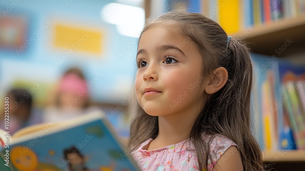 Kindergartener enjoying a storytime session with a guest reader listening intently to a new book Kindergartener enjoying a storytime session with a guest reader listening intently to a new book