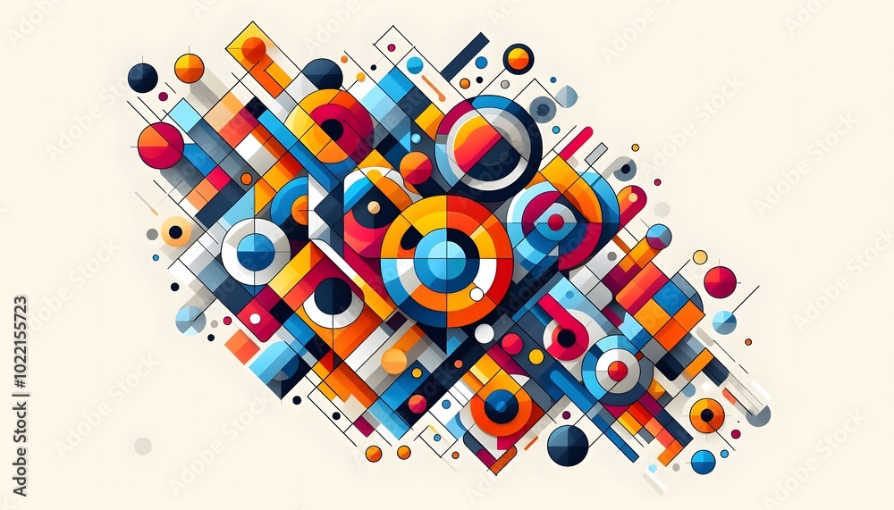 An abstract design of interconnected geometric shapes, such as circles, triangles, and squares, in a variety of bright colors. The shapes overlap and interact, creating a dynamic sense of depth and mo An abstract design of interconnected geometric shapes, such as circles, triangles, and squares, in a variety of bright colors. The shapes overlap and interact, creating a dynamic sense of depth and mo