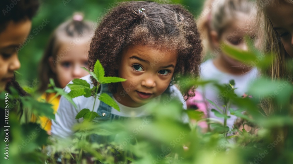 Kindergartener exploring a nature trail discovering plants and animals with classmates and a guide Kindergartener exploring a nature trail discovering plants and animals with classmates and a guide