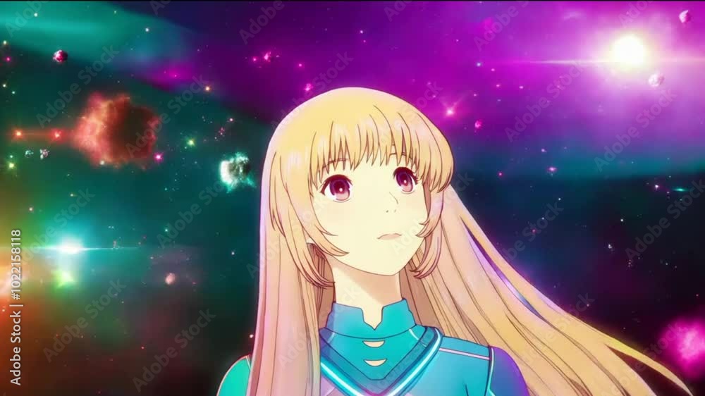 Girl explores a cosmic realm in vibrant manga style Girl explores a cosmic realm in vibrant manga style