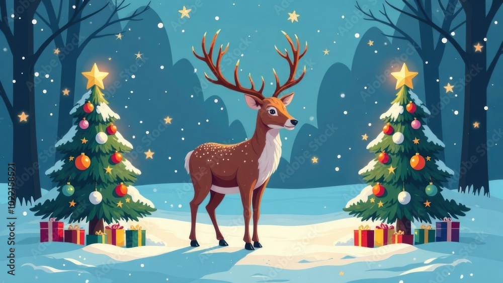 Naklejka premium Majestic reindeer in snowy forest with decorated christmas trees and gifts under starry night sky, celebrating merry christmas and happy new year