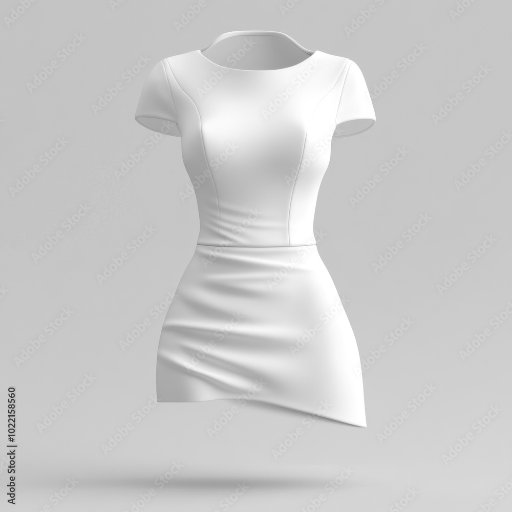 White dress on a gray background with elegant lace details and a flowing skirt, hanging on a mannequin. White dress on a gray background with elegant lace details and a flowing skirt, hanging on a mannequin.