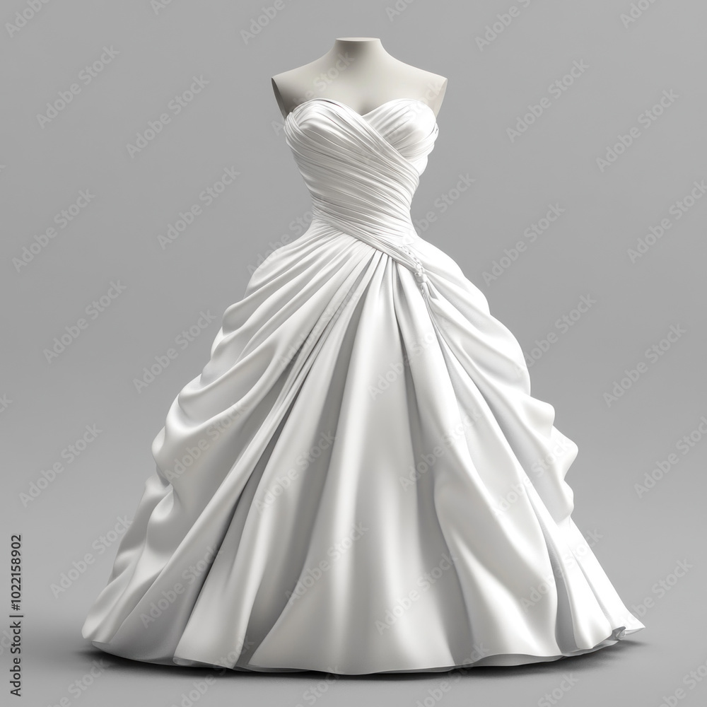 White wedding dress on a mannequin with delicate lace details, a full skirt, and a beaded bodice, against a soft, ethereal background. White wedding dress on a mannequin with delicate lace details, a full skirt, and a beaded bodice, against a soft, ethereal background.