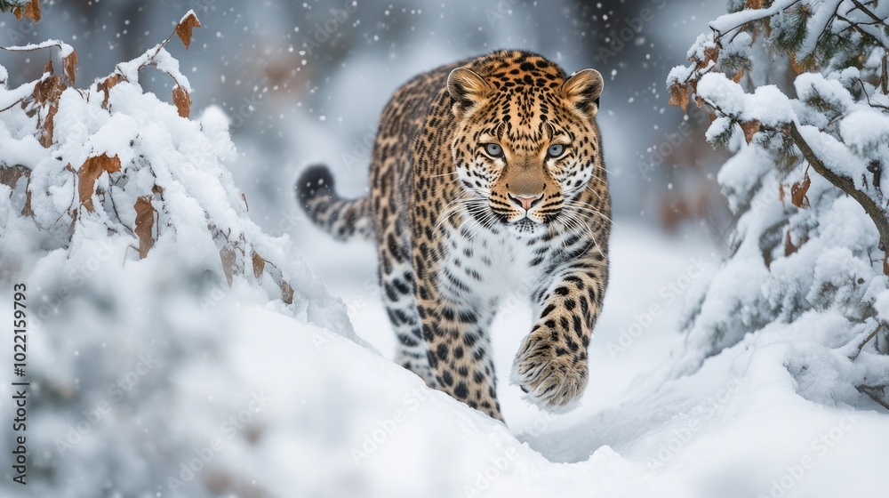 Majestic Leopard Walking in Winter Wonderland Majestic Leopard Walking in Winter Wonderland