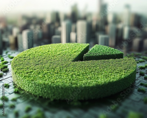 A modern city view with a pie chart made of grass, symbolizing green business growth and ecofriendly practices integrated into urban development photo