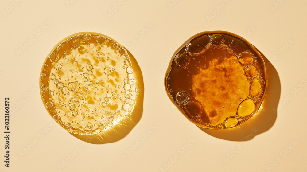 honey or maple syrup: a close-up, top-down view of honey and maple syrup in rounded puddle shapes, placed side by side on a warm-toned background honey or maple syrup: a close-up, top-down view of honey and maple syrup in rounded puddle shapes, placed side by side on a warm-toned background