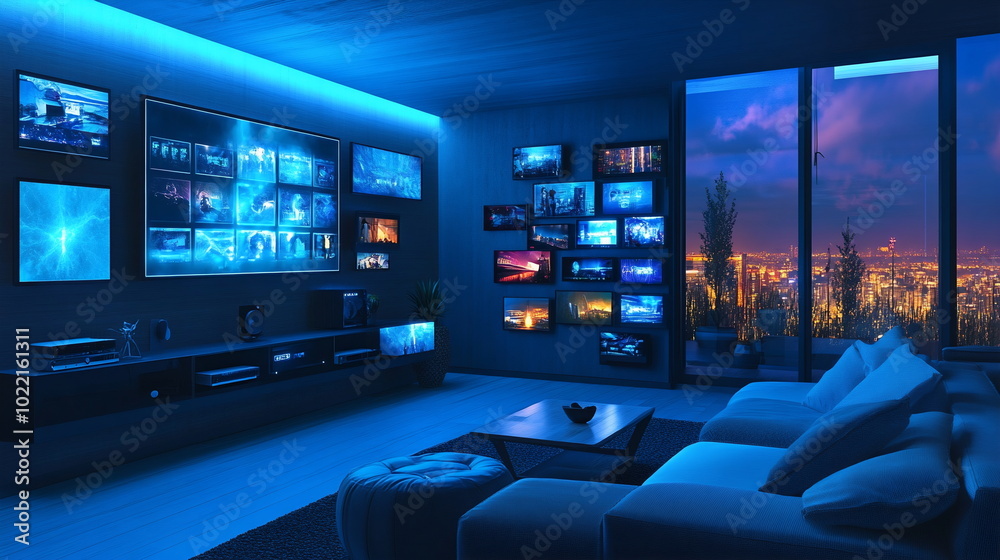 Immersive futuristic living spaces with multi-screen digital displays Immersive futuristic living spaces with multi-screen digital displays