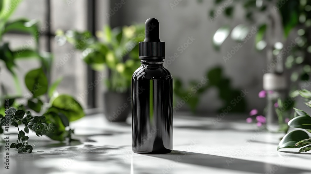 A sleek black dropper bottle surrounded by greenery. A sleek black dropper bottle surrounded by greenery.