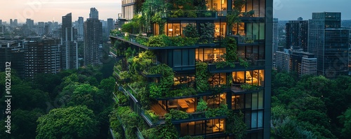 Lush green terraces atop modern highrises, creating a beautiful urban skyline while improving air quality and sustainability