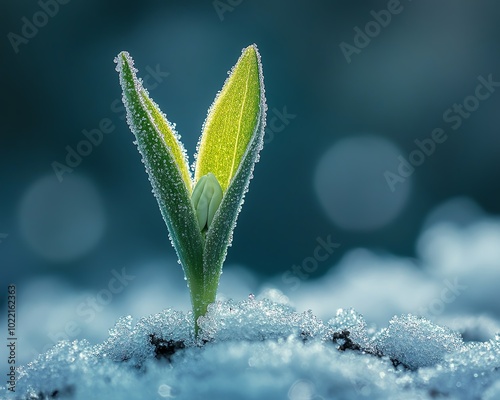 A hopeful green sprout emerging from frostcovered soil, symbolizing the end of winter and the vibrant beginnings of spring photo