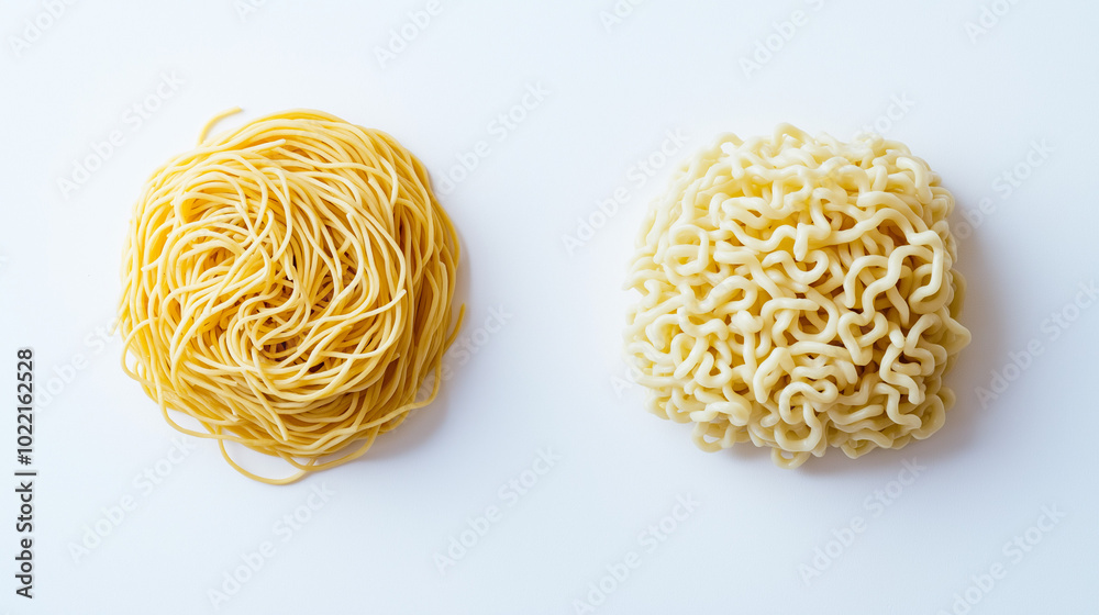 spaghetti or ramen: a close-up, top-down view of spaghetti and ramen noodles coiled in circular shapes, placed side by side on a light neutral background
