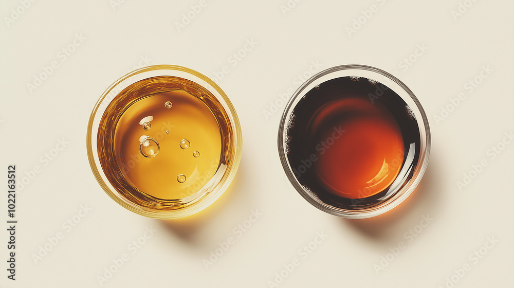 tea or coffee: a close-up, top-down view of tea and coffee in rounded puddle shapes, placed side by side on a light pastel background tea or coffee: a close-up, top-down view of tea and coffee in rounded puddle shapes, placed side by side on a light pastel background