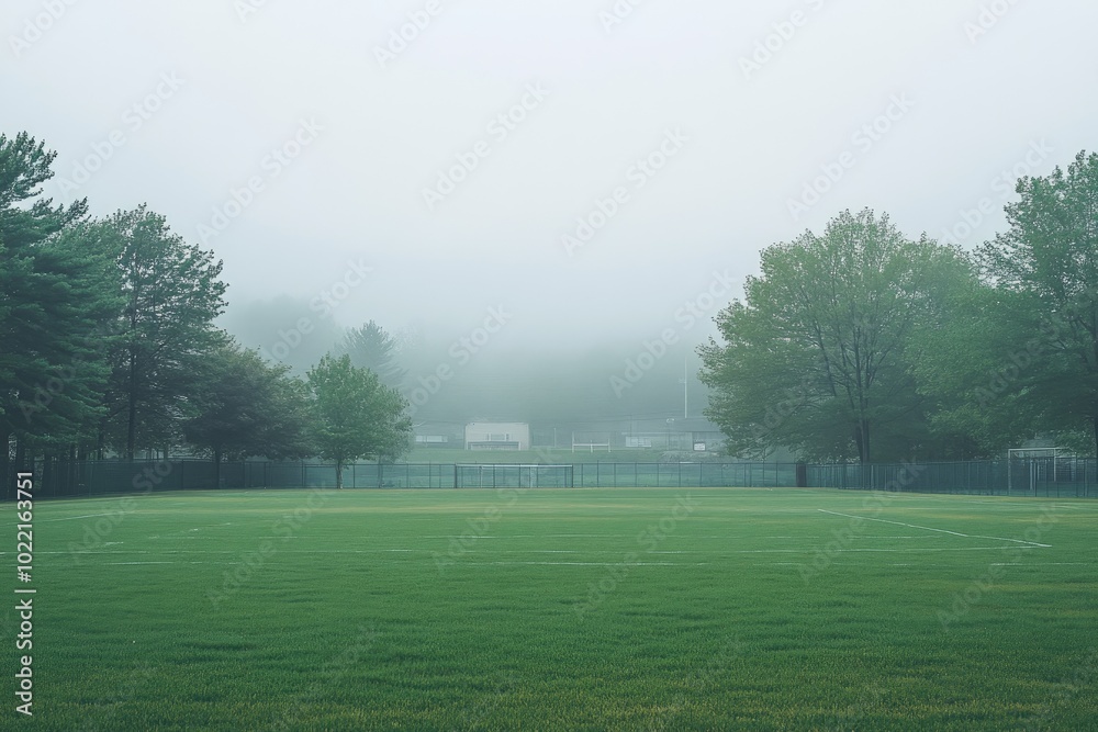 Naklejka premium A misty morning on a green field. This photo is perfect for depicting a serene or mysterious mood, emphasizing the ethereal quality of fog.