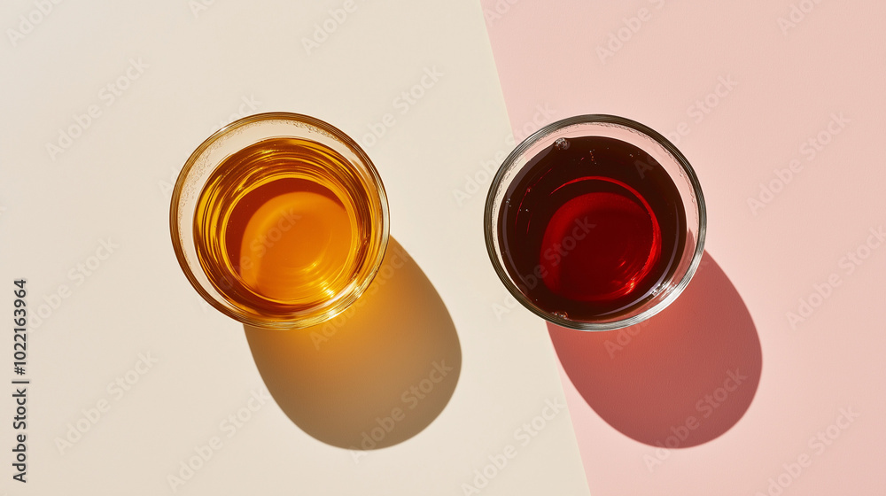 tea or coffee: a close-up, top-down view of tea and coffee in rounded puddle shapes, placed side by side on a light pastel background that complements both beverages tea or coffee: a close-up, top-down view of tea and coffee in rounded puddle shapes, placed side by side on a light pastel background that complements both beverages