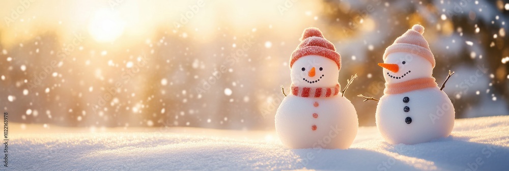 Cute snowman in heavy snow covered wild field at sunrise Cute snowman in heavy snow covered wild field at sunrise