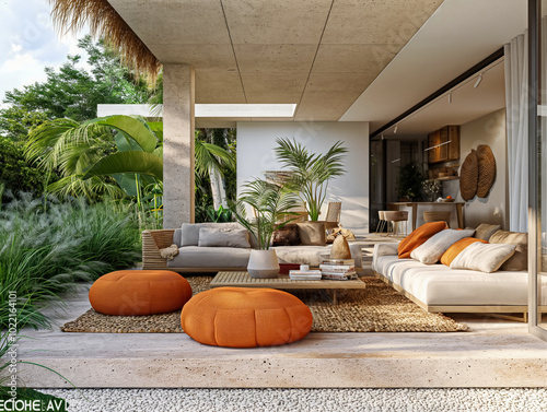A modern home with a large open living room with a white wall and a green plant. The living room has a white couch and two orange pillows
