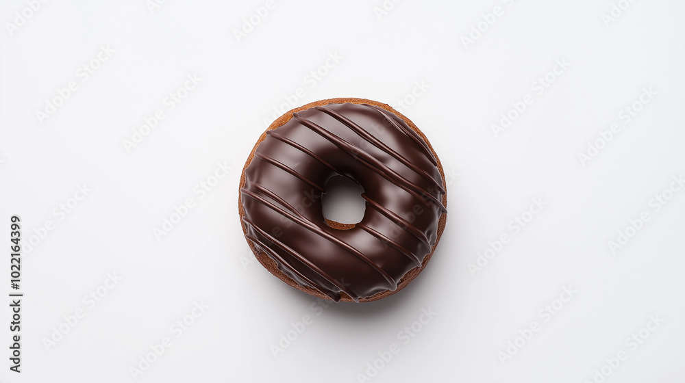 top down view, the image depicts a chocolate-covered donut placed in the center of a white background top down view, the image depicts a chocolate-covered donut placed in the center of a white background