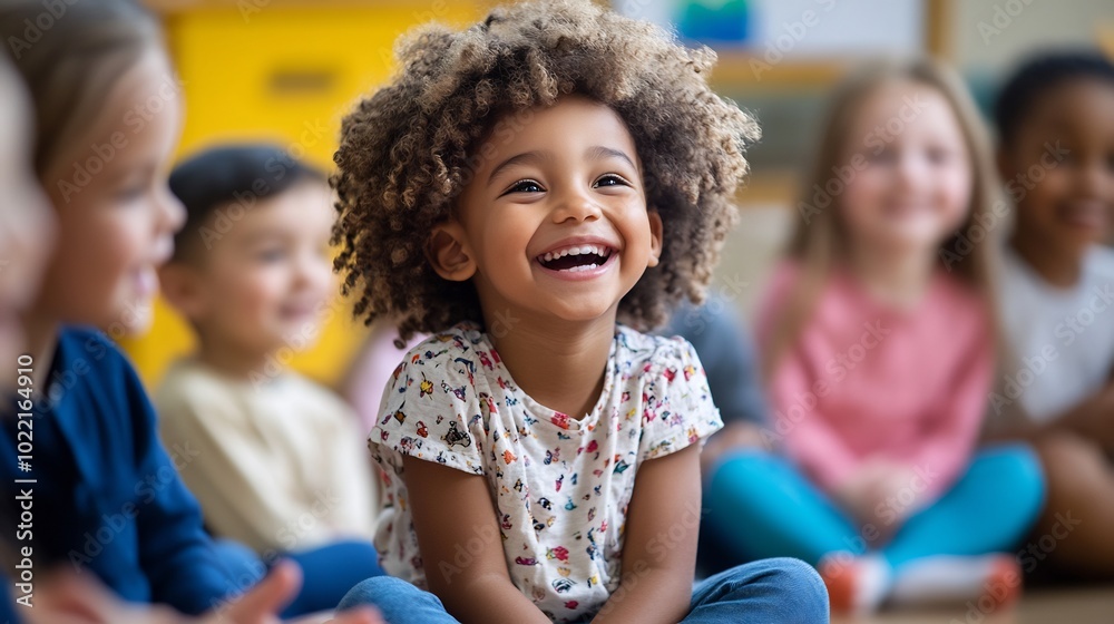 Kindergartener participating in a storytelling session sharing their favorite fairy tales and fables with classmates Kindergartener participating in a storytelling session sharing their favorite fairy tales and fables with classmates