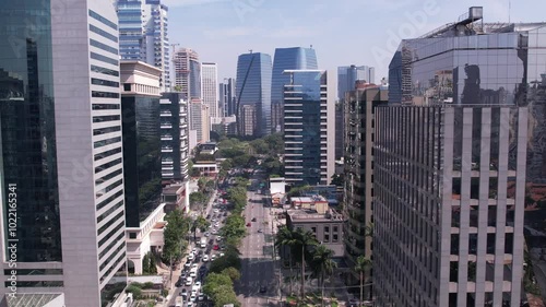Aerial view of Avenida Brigadeiro Faria Lima, Itaim Bibi. Iconic commercial buildings in the background.