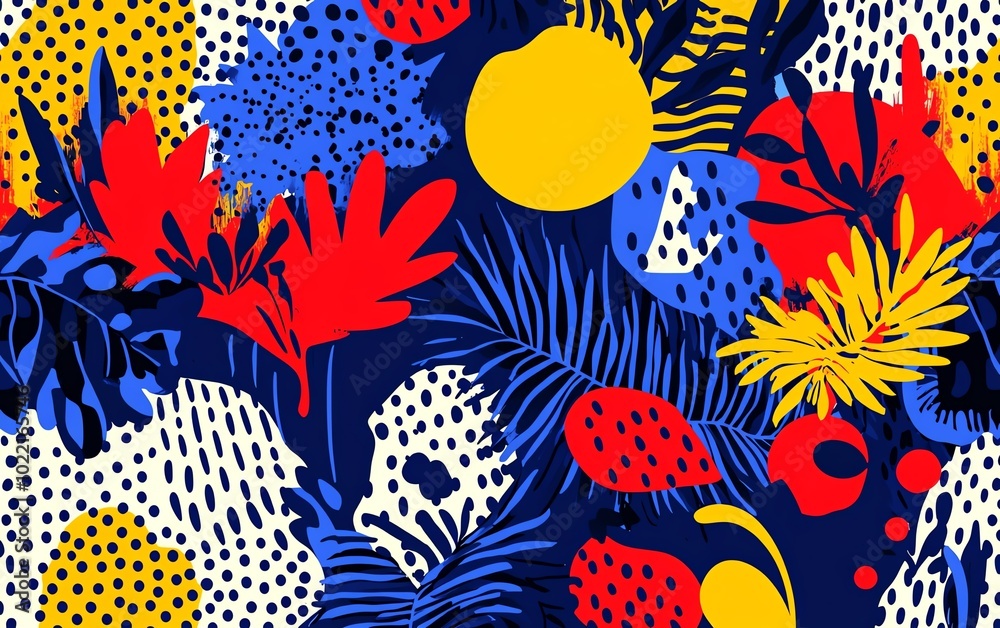 Seamless pattern in pop art style, playful and whimsical designs, bold primary colors red, blue, and yellow, fun visual experience Seamless pattern in pop art style, playful and whimsical designs, bold primary colors red, blue, and yellow, fun visual experience