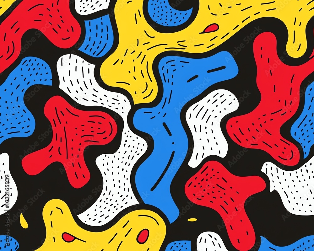 Obraz premium Seamless pop art pattern, colorful and playful, featuring primary colors red, blue, and yellow, dynamic and lively composition