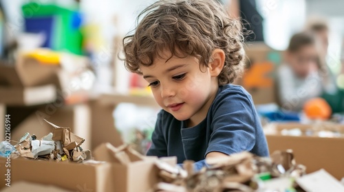 Kindergartener participating in a recycling project making art from recycled materials and learning about sustainability