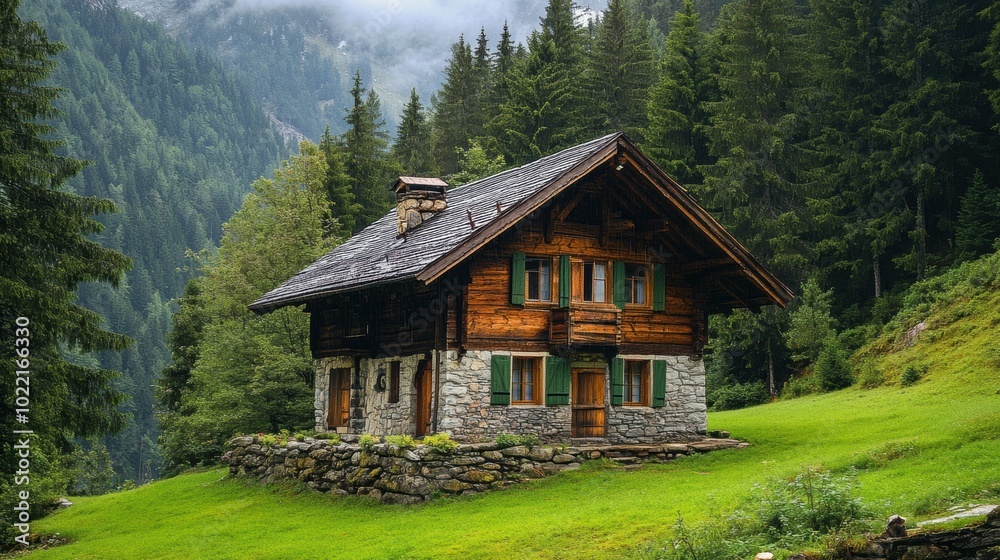 A charming wooden chalet with stone accents, set on a grassy hillside surrounded by dense, green forest in a peaceful mountain landscape.
A charming wooden chalet with stone accents, set on a grassy hillside surrounded by dense, green forest in a peaceful mountain landscape.